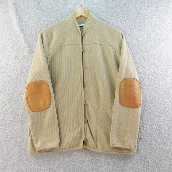 Orvis Mens Blazer S Sweater Jacket Button Up Beige Leather Elbow Pads Preppy - Picture 1 of 5